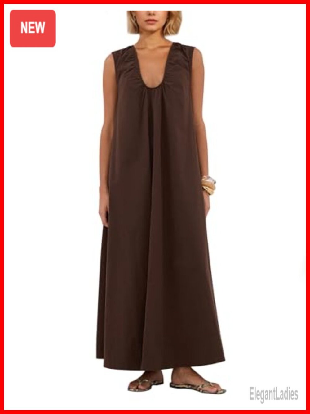 100% Cotton Scoop Neck Ruched Maxi Dress with Side Pockets